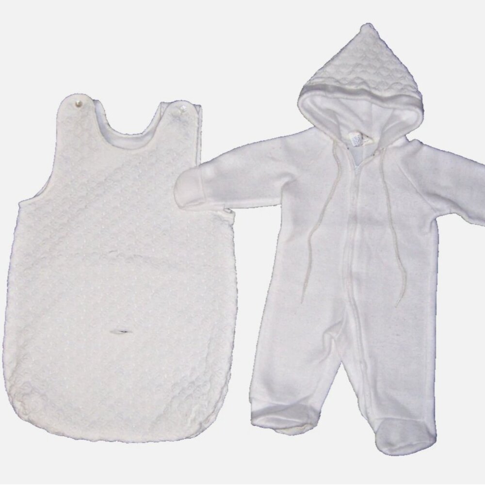 Vintage Quiltex 2 Piece Winter Outfit Set White Fleece Bodysuit, Bunted Vest USA